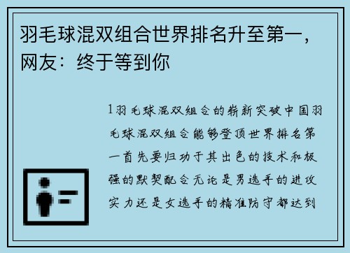羽毛球混双组合世界排名升至第一，网友：终于等到你