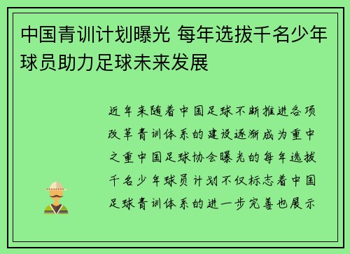 中国青训计划曝光 每年选拔千名少年球员助力足球未来发展