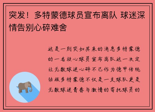 突发！多特蒙德球员宣布离队 球迷深情告别心碎难舍